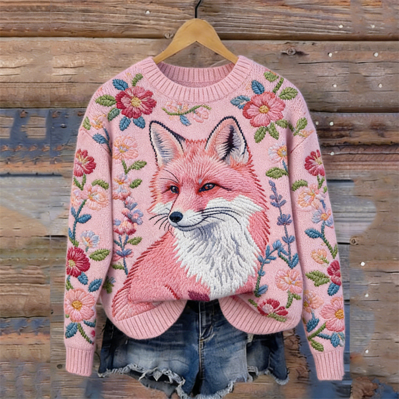 Classy Pink Fox Floral Cozy Knit Sweater wearshes