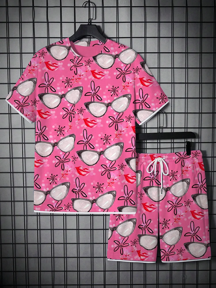 Men's Vacation Flower Sunglasses Lip Print T-Shirt Shorts Set