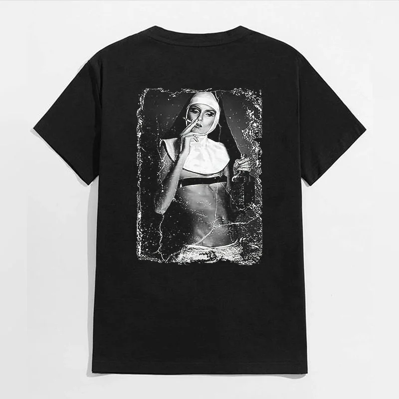 Smoking Naked Nun Graphic Black Print T Shirt