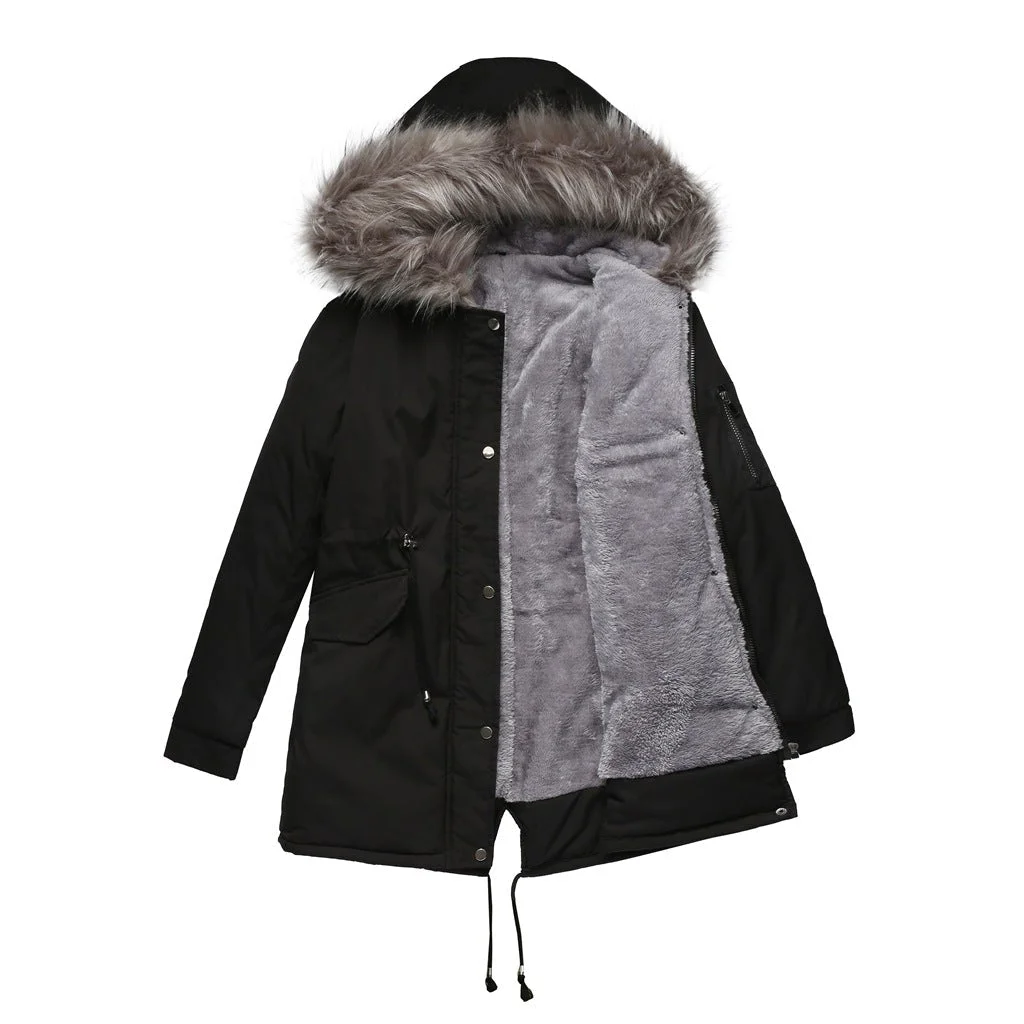 Women's Mid-length Hooded Fur Collar Warm And Fleece Coat