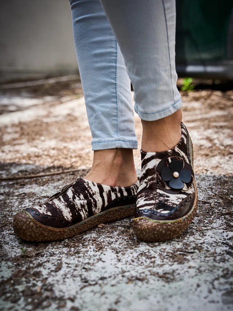 Women's Loafer Leather Leopard Print 3D Floral Vintage Leather Loafer