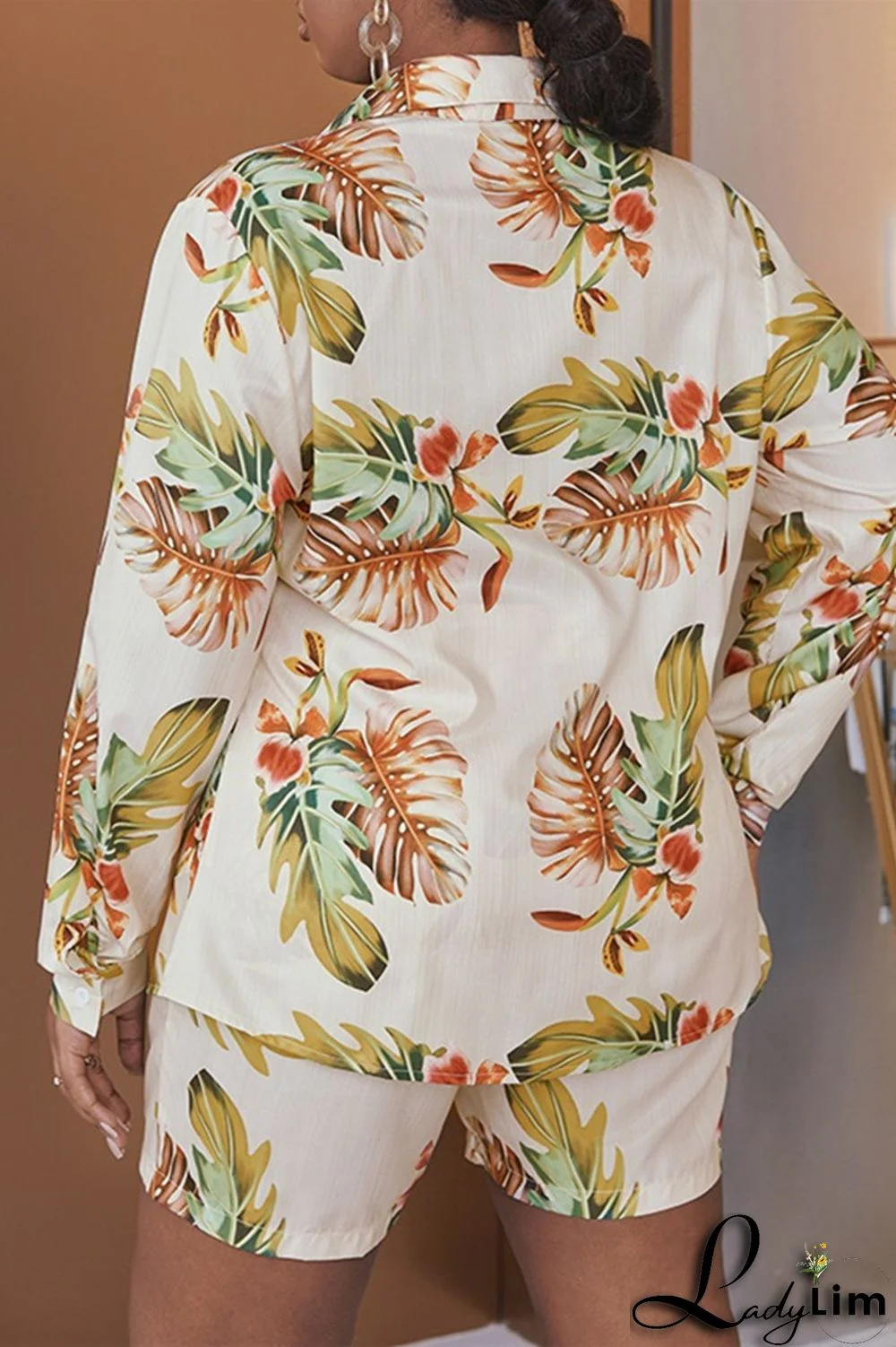 Apricot Fashion Casual Print Patchwork Turndown Collar Plus Size Two Pieces