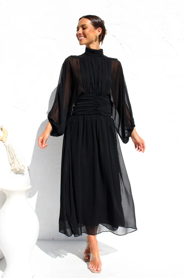 Floaty Mesh Long Sleeve Maxi Dresses 