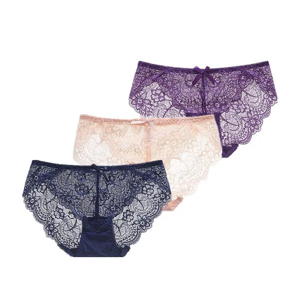 3Pcs/Lot Sexy Lace Underwear Women Transparent Low Waist Panties Cotton Crotch Briefs for Girls Breathable Seamless Lingeries