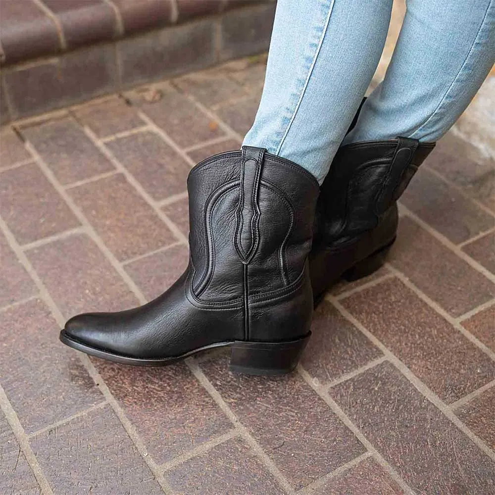 Black Faux Leather Closed Toe Chunky Heel Walking Pull On Cowgirl Boots