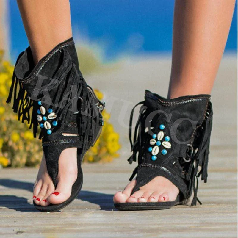 Women Fringe Flower Wedges Shoes 2022 Solid Flock Beach Casual Sandals Women Summer Flip Flop Sandals Plus Size 35-43  325-2