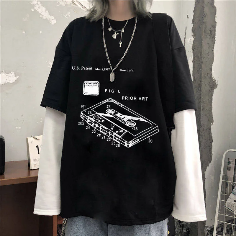 NiceMix Harajuku Fake Two Piece T-Shirt women Hip Hop Streetwear Long Sleeve Printed Oversized Mens Tees Casual Loose O-Neck