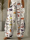 Vintage Cat Stick Figures Print Casual Pants