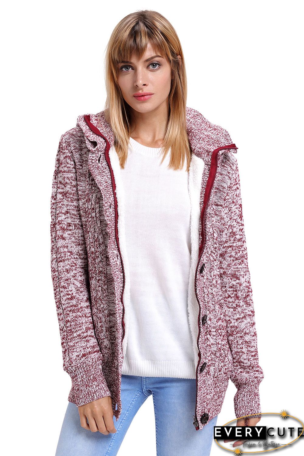 Red Long Sleeve Button-up Hooded Cardigans