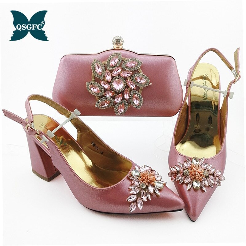 Italian Design New Arrival Nigerian Crystal and Appliques Decoration Style Women Shoes and Bag Set in Purple Color for Party