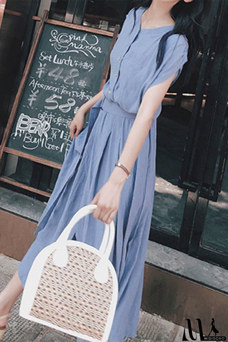 MidiSono - Elegant Solid Frenulum Buttons O Neck A Line Dresses