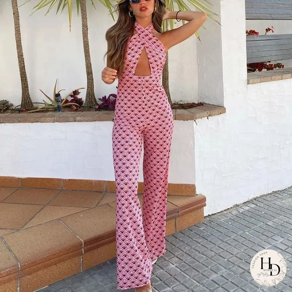 Cutout Open Back Wide Leg Combinations Backless Pink Sweet Sexy Women Jumpsuit Long