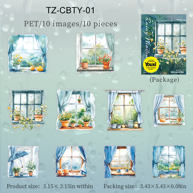 PET Sticker - Rain Window Series Vintage Plant Flower Window 