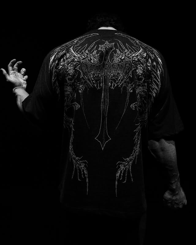 Tattoo Style Printed Oversized Pullover T-shirt [BLACK]