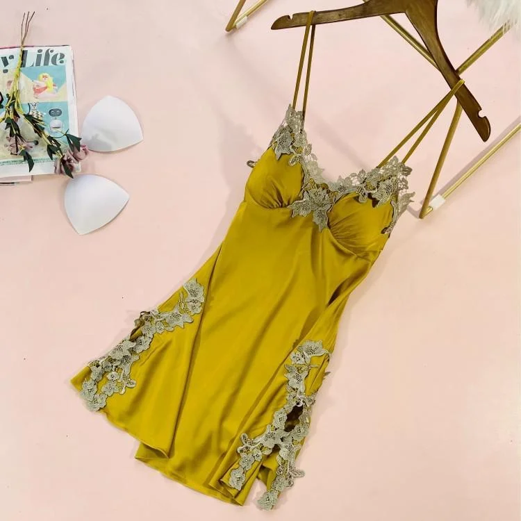 Uaang Lace Satin Nightdress Lady Strap Backless Nighty Gown Summer Sleeveless With Chest Pads Nightgown Sleepshirt Lounge Sleep Dress