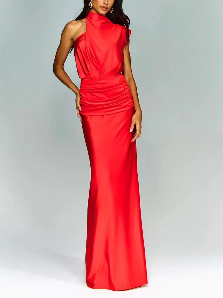 Elegant Asymmetric Neckline Pleated Party Maxi Dress