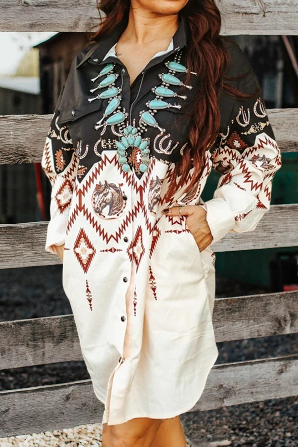 Horse Aztec printed Button Down Collared Long Sleeve Dress