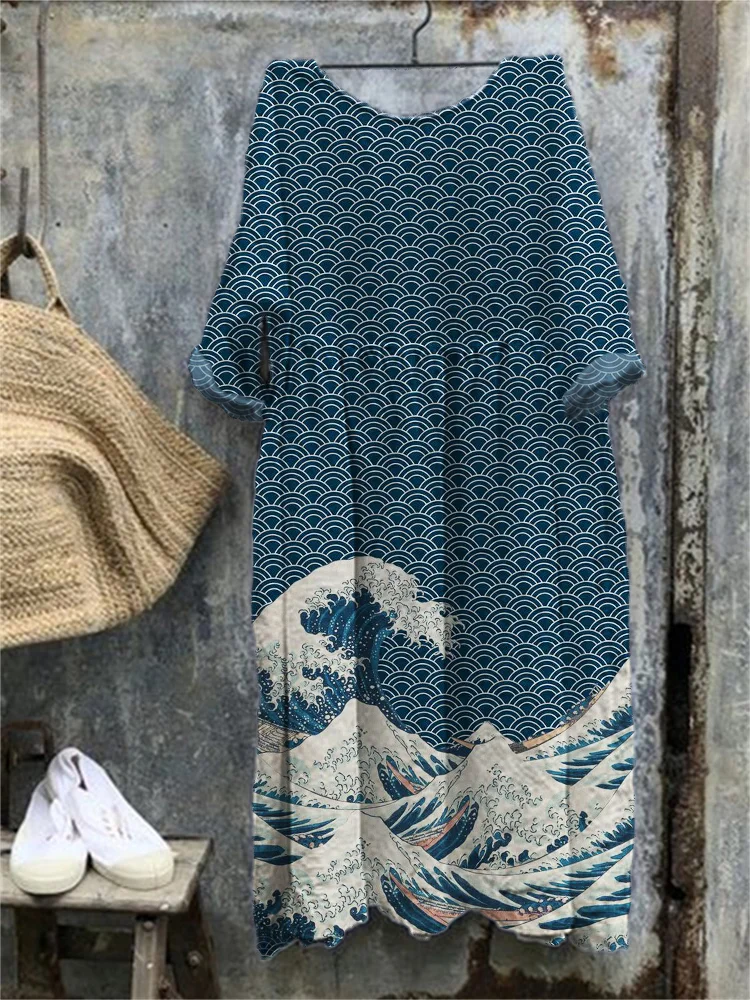 Comstylish The Great Wave off Kanagawa Pleated Maxi Dress