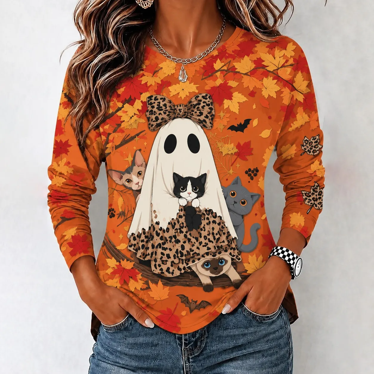 Comstylish Women's Vintage Ghost Cat Print Crew Neck Long-sleeve T-shirt