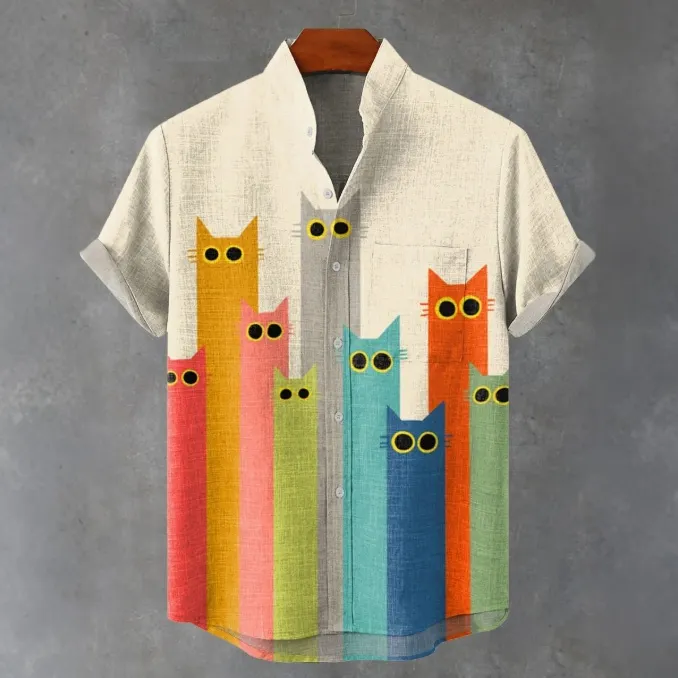 Men's Fun Cat Print Casual Linen Blend Short-sleeve Shirt  artssus