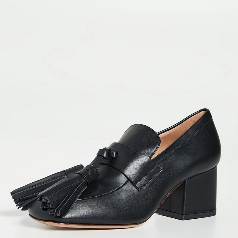 TAAFO Black Square Toe High Chunky Heels Tassel Women's Pumps Cusual Ladies Shoes 
