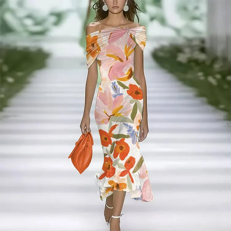 Elegant Spring and Summer Floral Print Off Shoulder Dres