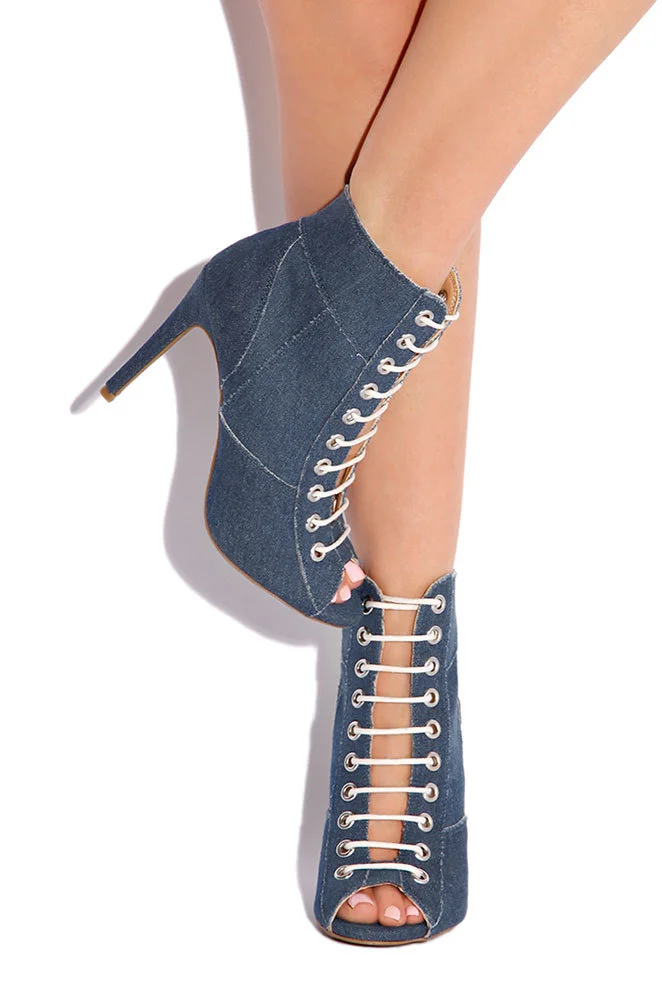 Blue Denim Lace Up Peep Toe Stiletto Ankle Boots Vdcoo