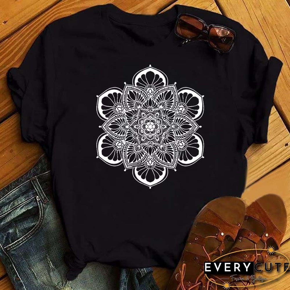 Maycaur New Mandala Floral Printed T Shirt Women Casual Fashion T-shirt Loose Short Sleeve 90s Girls Aesthetics Black Tshirt Top