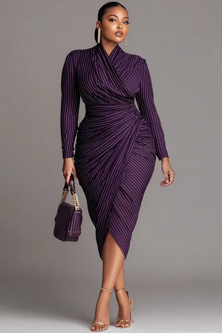 Xpluswear Design Plus Size Business Casual Purple Striped Wrap Neck Long Sleeve Ruffled Elegant Midi Dresses [Pre-Order]