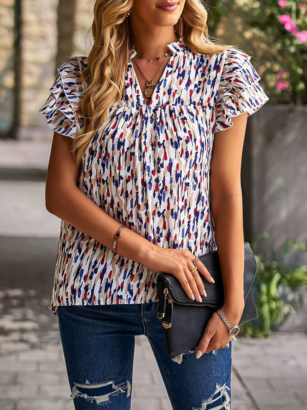 Women's V-Neck Short Sleeve Graphic Flower Printed Tops