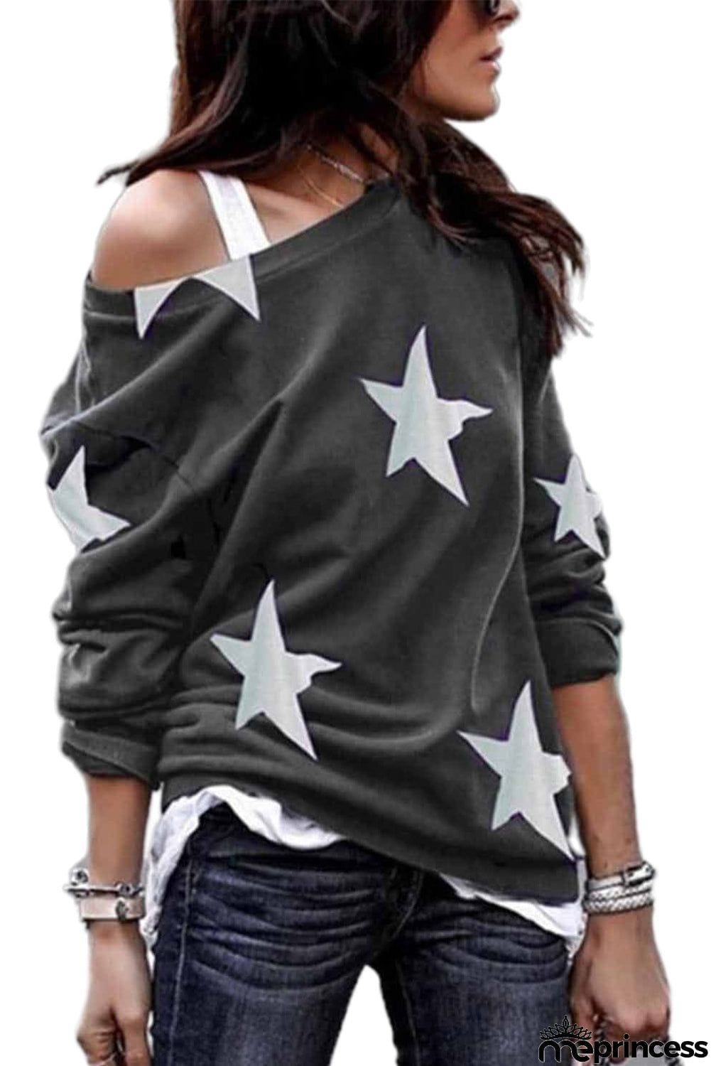 Fashion Five-pointed Star Print Round Neck Black Sweatshirt