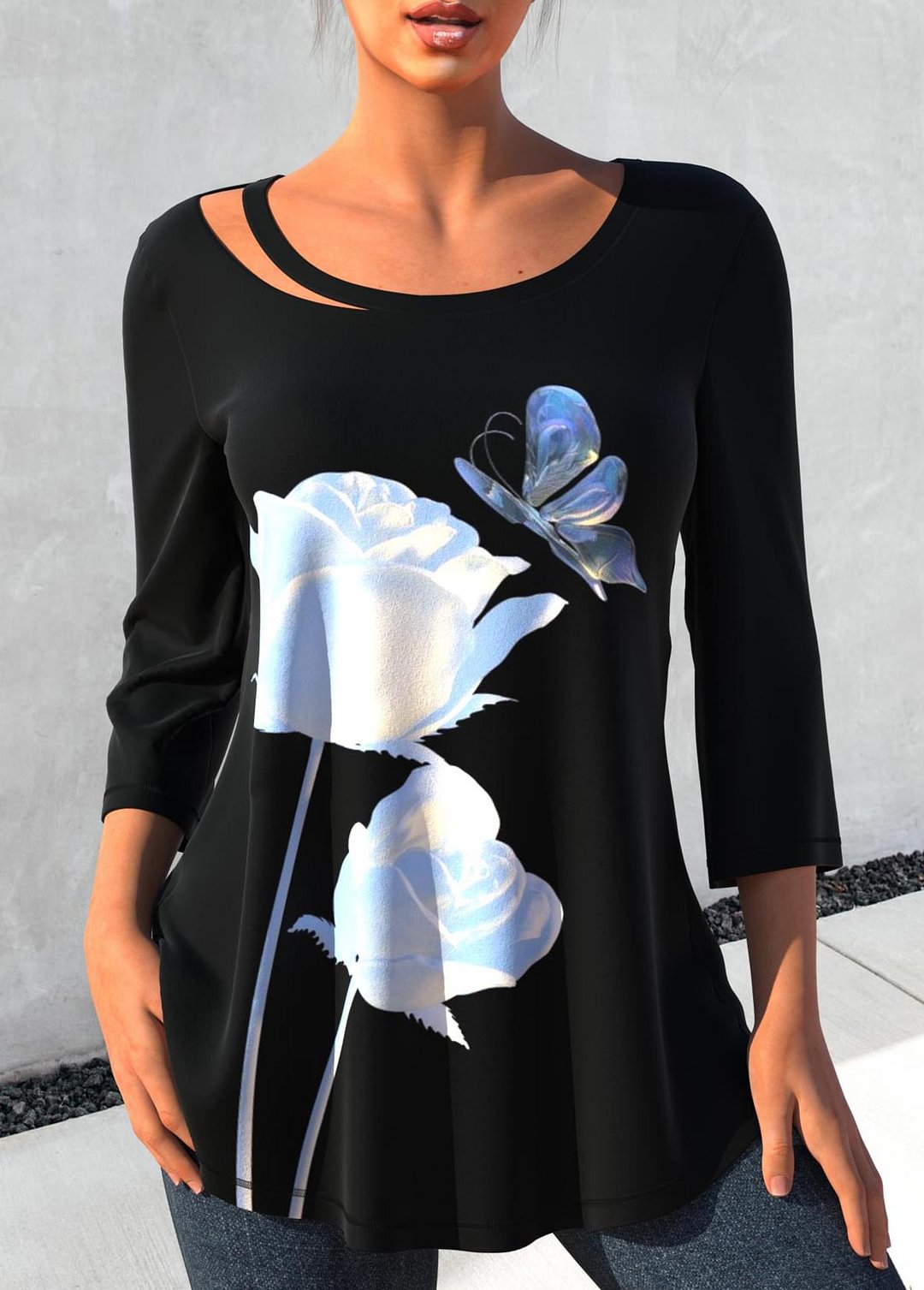 Floral Butterfly Print Cutout Black T Shirt