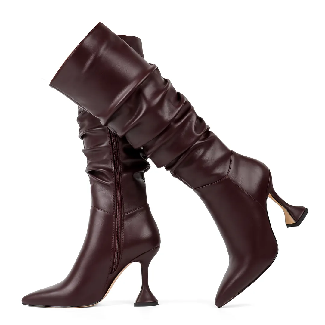 100mm Women Zipper Wrinkled Slouchy Boots Triangle Heels-vocosishoes