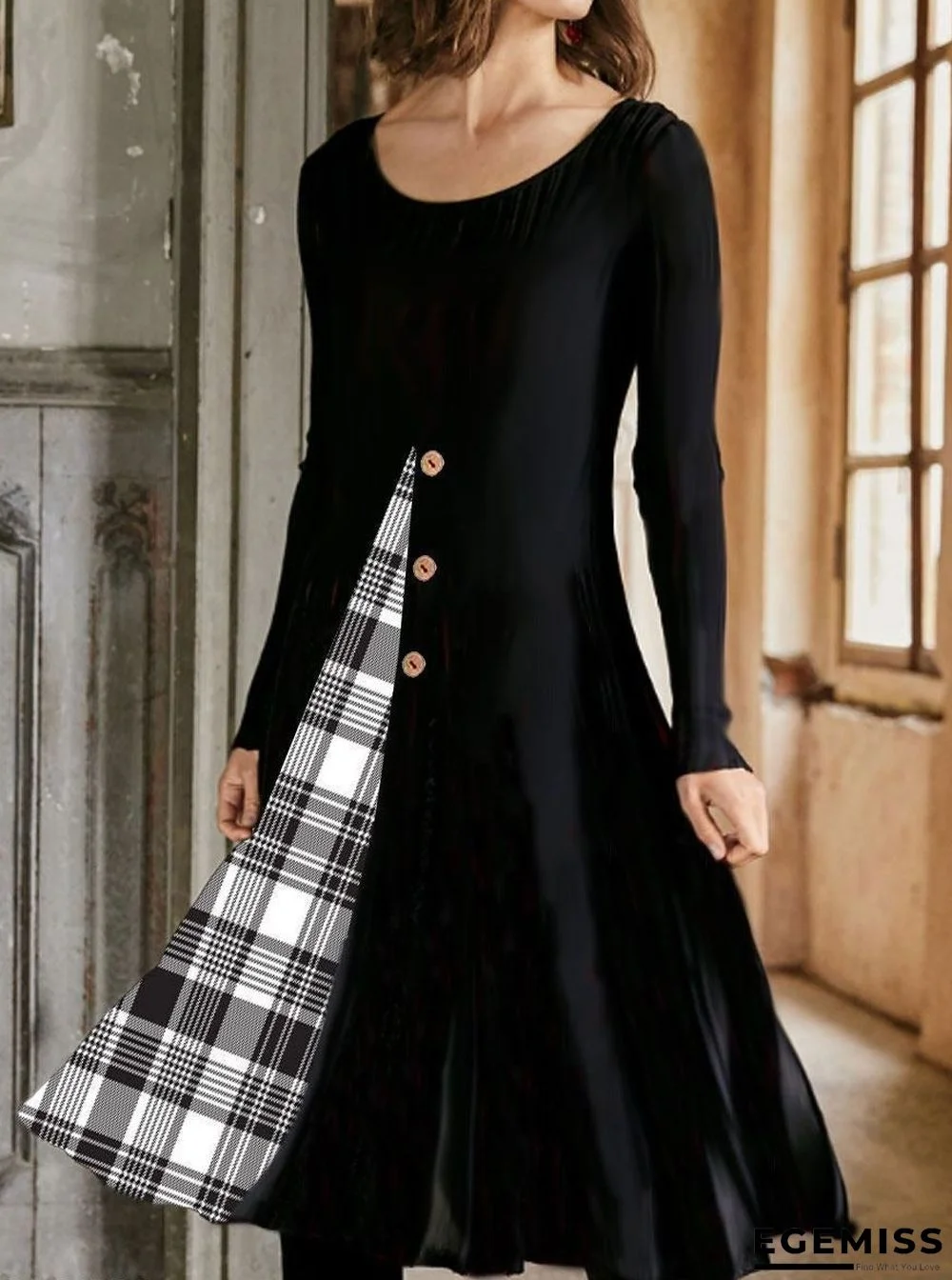 Check Print Fashion Round Neck Casual Long Sleeve Shift Dress Black Dresses | EGEMISS