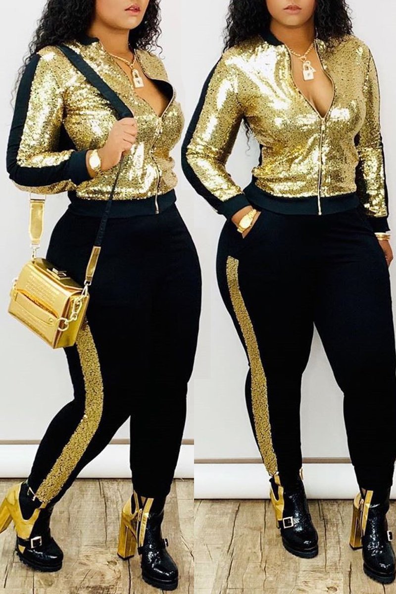 Plus Size Stripe Patchwork Sequin Two Piece Sets