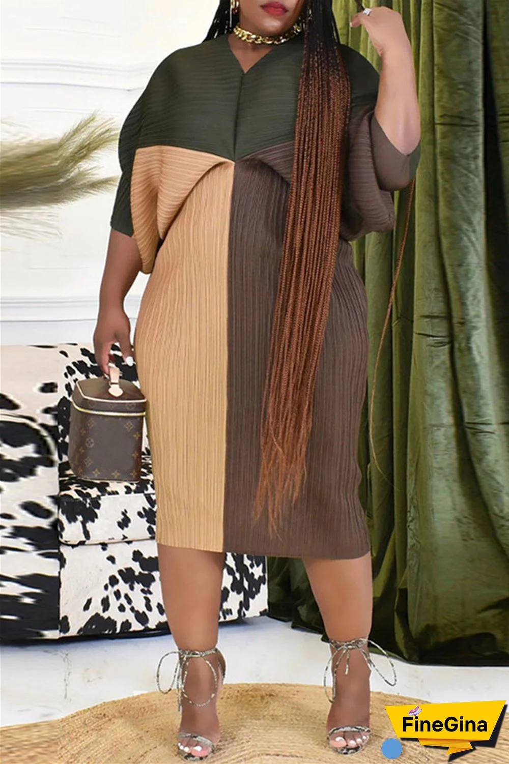 Pink Purple Casual Print Patchwork V Neck Pencil Skirt Plus Size Dresses