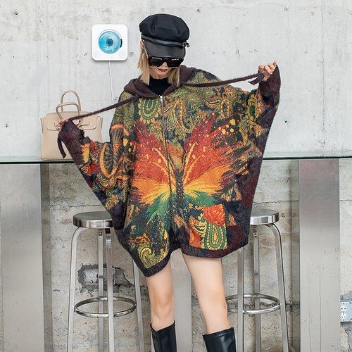 Vintage Hooded Rainbow Butterfly Printed Batwing Sleeve Knitted Zip-up Coat