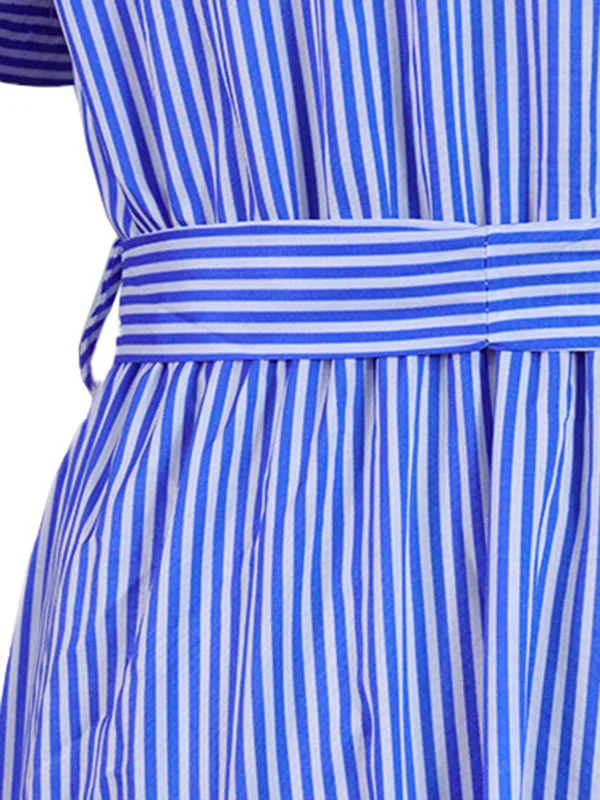Striped Single-row Buttoned Lapel Short-sleeved Long Dress main image 0