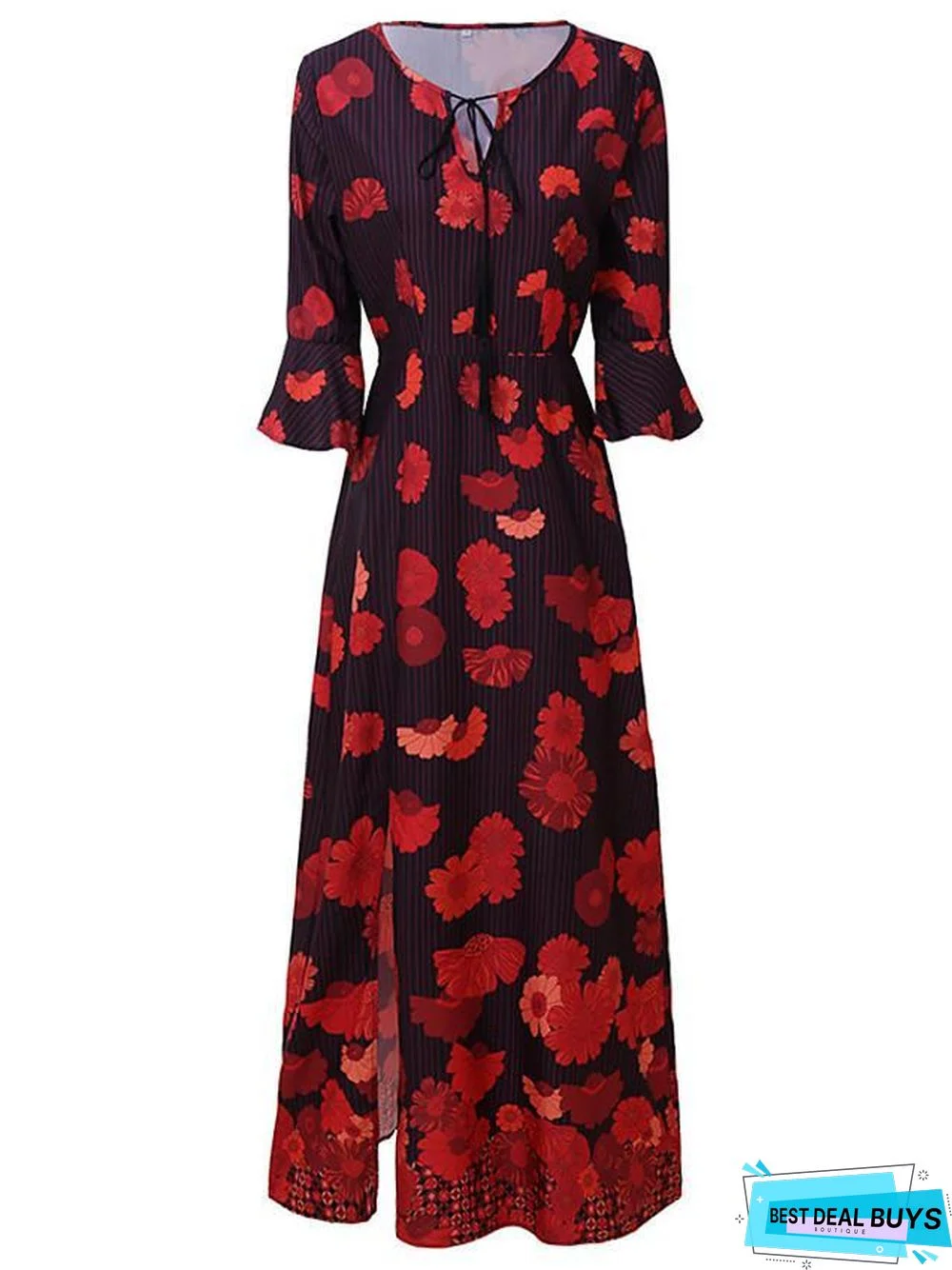 Women's T-Shirt Dress Tee Dress Maxi Long Dress - Long Sleeve Floral Split Patchwork Print Spring Fall Casual Red Orange Black Dresses