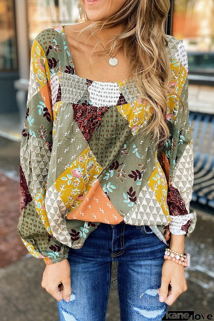 Square Neck Mixed Print Blouse