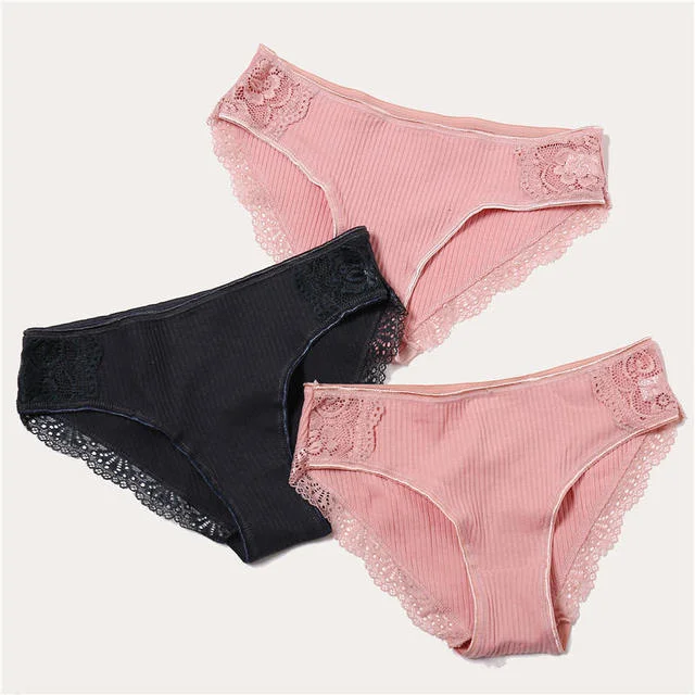 FINETOO 3PCS/Set Cotton Panties Women Underwear Sexy Panties Lace Brief for Female Panty Lingerie Low Waist Floral culotte femme