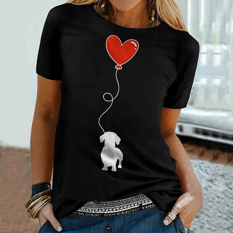 Vefave Love Dog Print Short Sleeve Casual T-Shirt