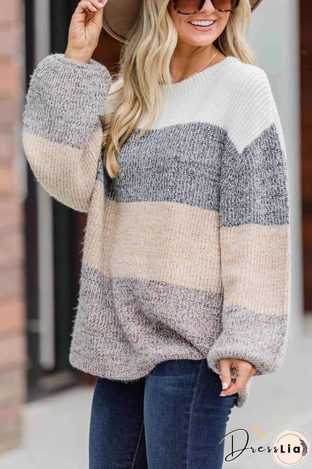 Contrast Striped Loose Round Neck Sweater