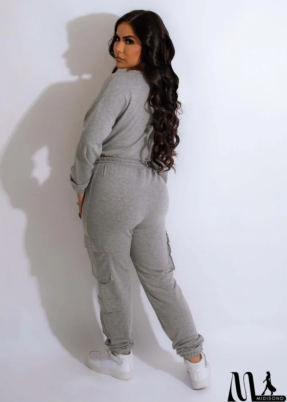 MidiSono - Solid Color Drawstring Crop Tops And Pant 2 Piece Set