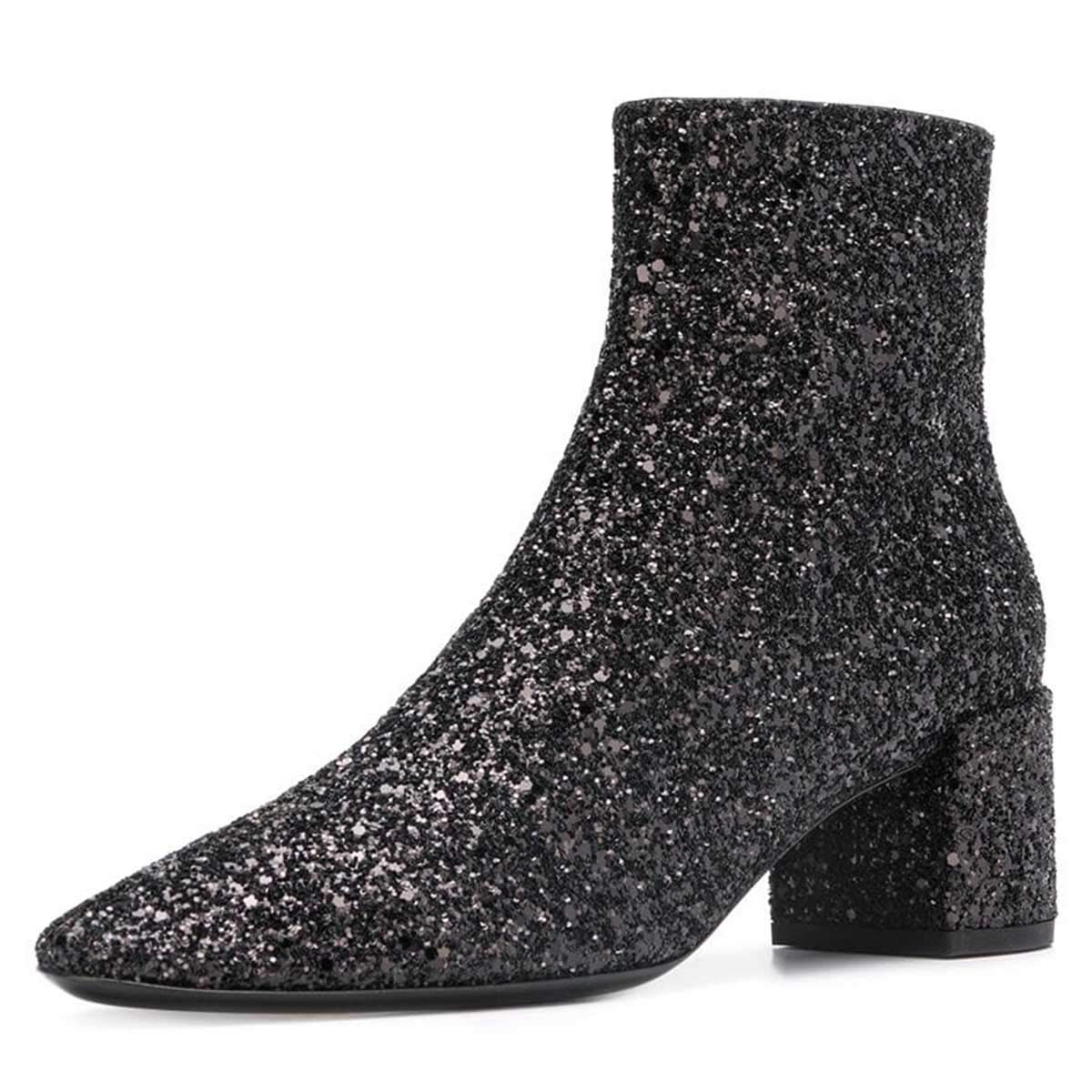 Black Glitter Closed Toe Chunky Heel Ankle Boots Nicepairs
