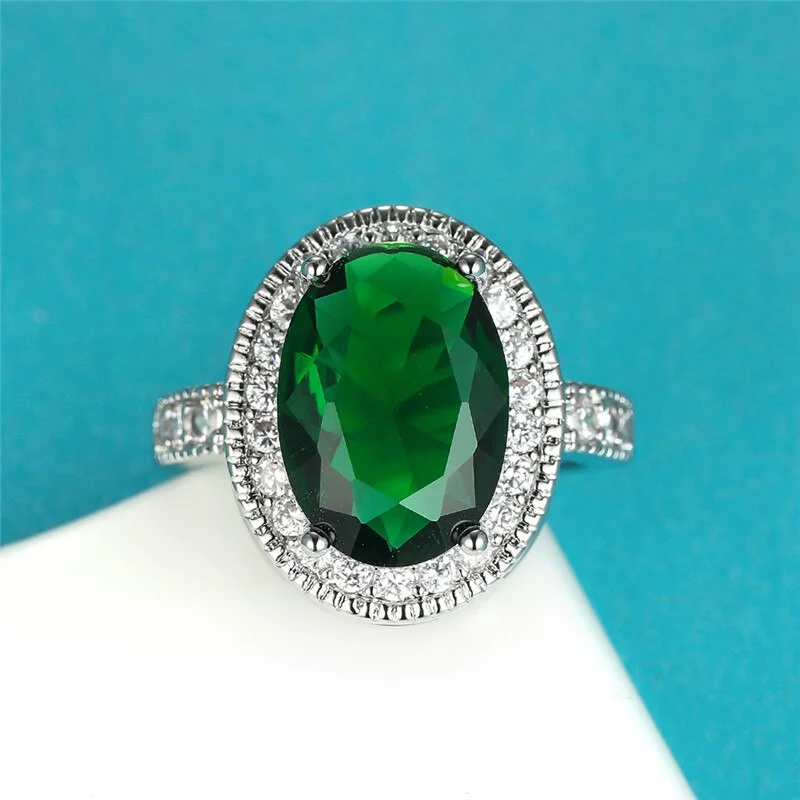 Luxury Female Green Stone Set Ring Classic Silver Color Engagement Ring Crystal Wedding Rings For Women
