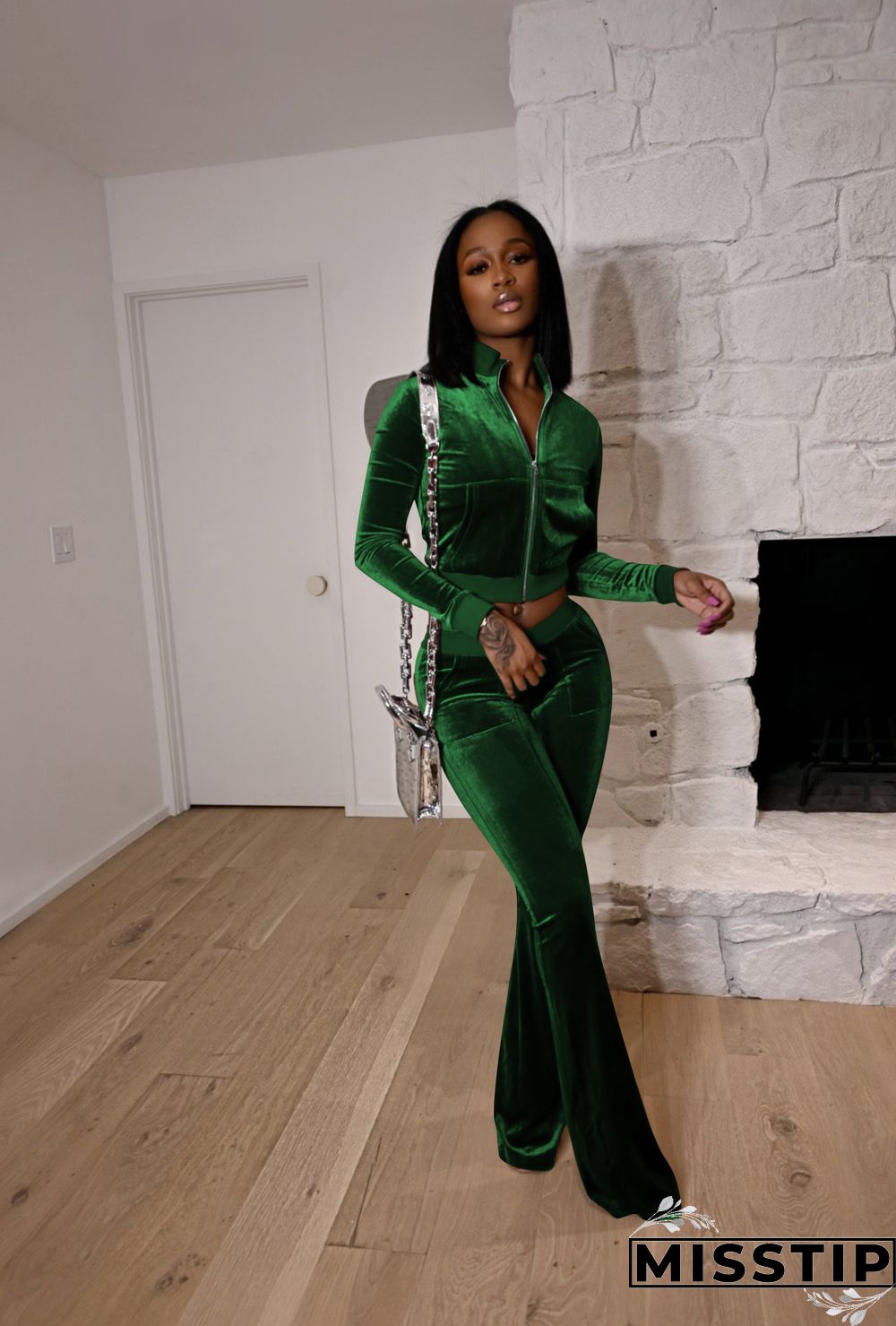 Velvet Solid Zip Jacket Crop Top Flared Pants Set