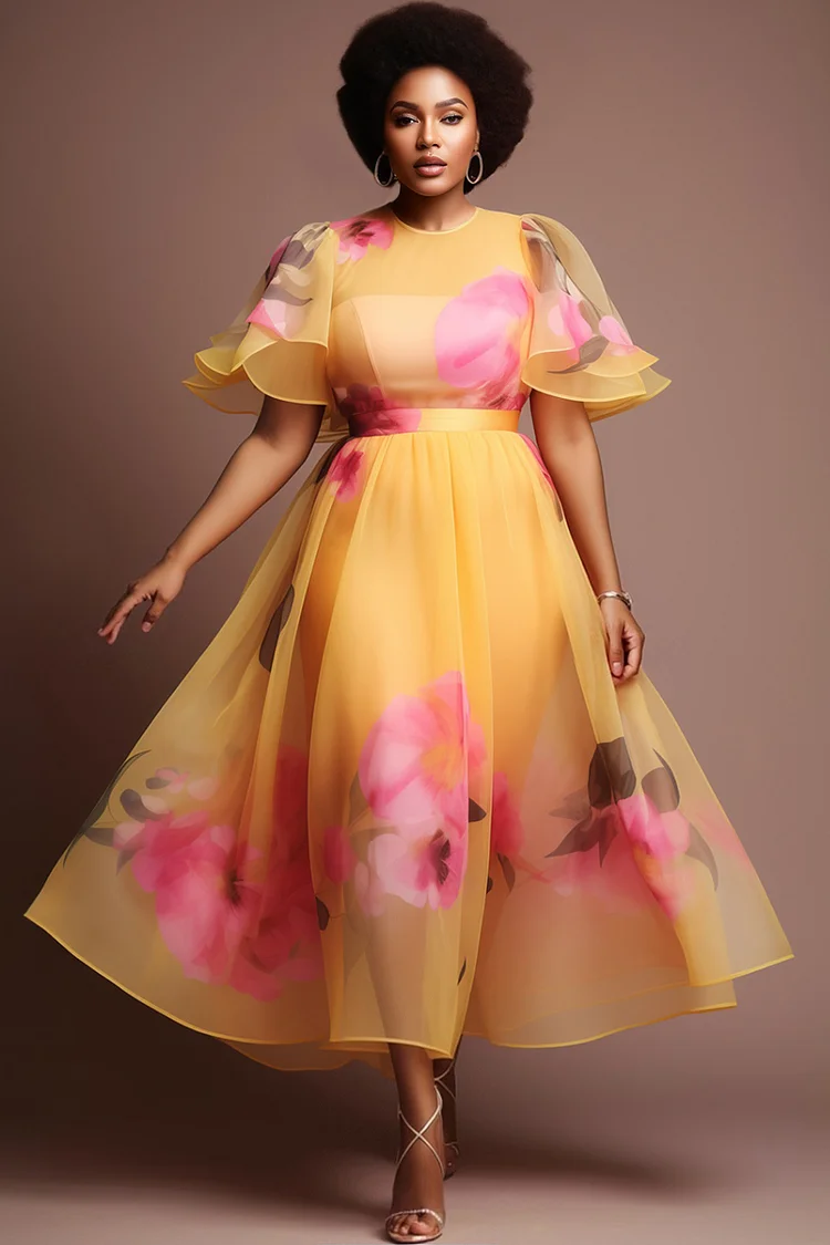 Xpluswear Design Plus Size Wedding Guest Yellow Floral Round Neck Short Sleeve Ruffle Elegant See Through Chiffon Midi Dresses [Pre-Order] 2024 - Xpluswear