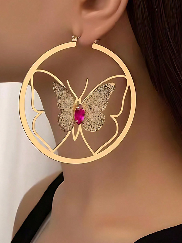 Rhine Stones Geometric Butterfly Shape Drop Earrings FUCHSIA-One_size