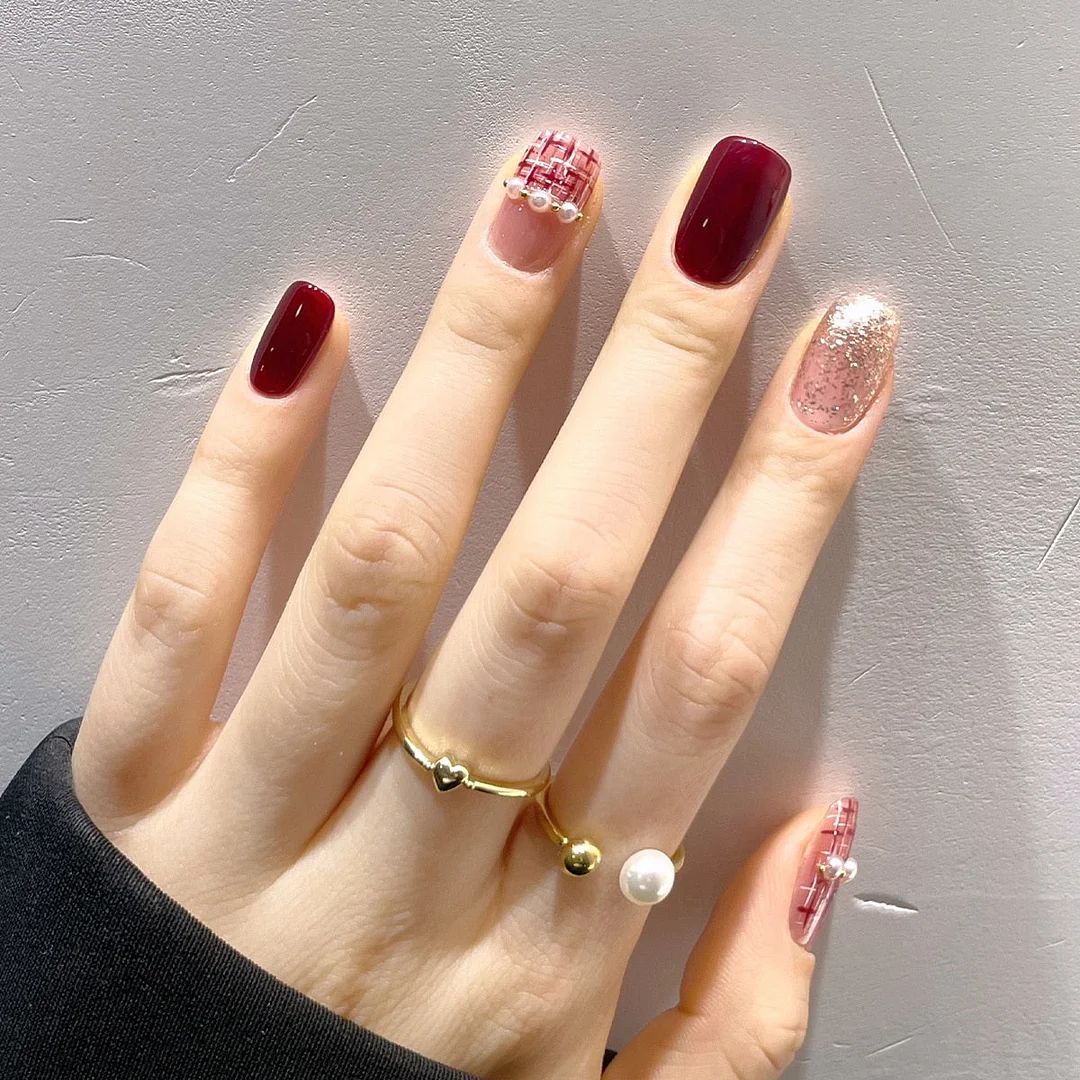 24pcs/set Light Grey Rhinestone Short Size Design Artificial Nail DIY Fashion false nails with glue fake nails press on for girl-Nail Inspo